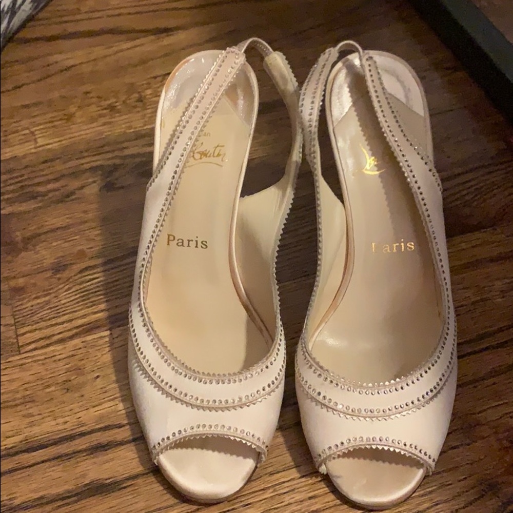 Louboutin baby pink silk rhinestone heel peep toe